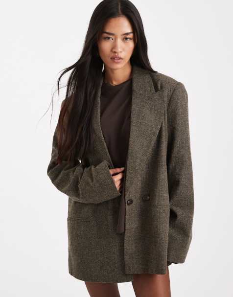 ASOS DESIGN – Brun, brostat fiskbensmönstrad kavaj som kan bäras på flera sätt i ylletyg - view 1