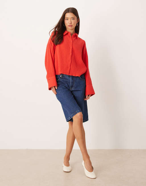 ASOS DESIGN - Brun cropped bomuldsskjorte med tekstur, 3 af 4