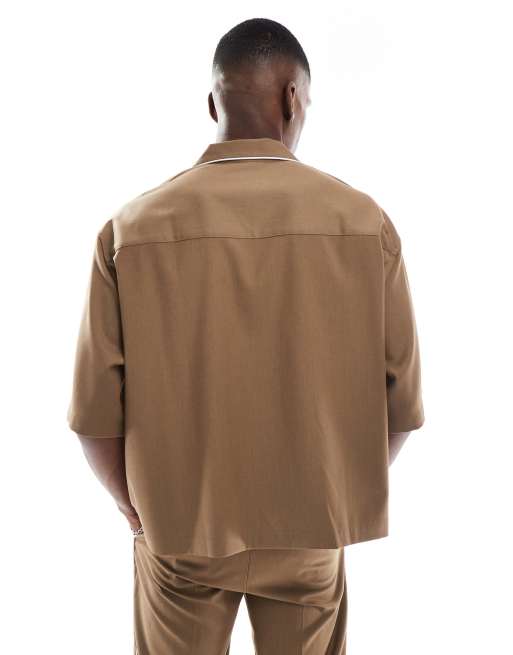 ASOS DESIGN - Brun cropped skjorte med hvide kontrastkanter - Del af sæt, 4 af 4
