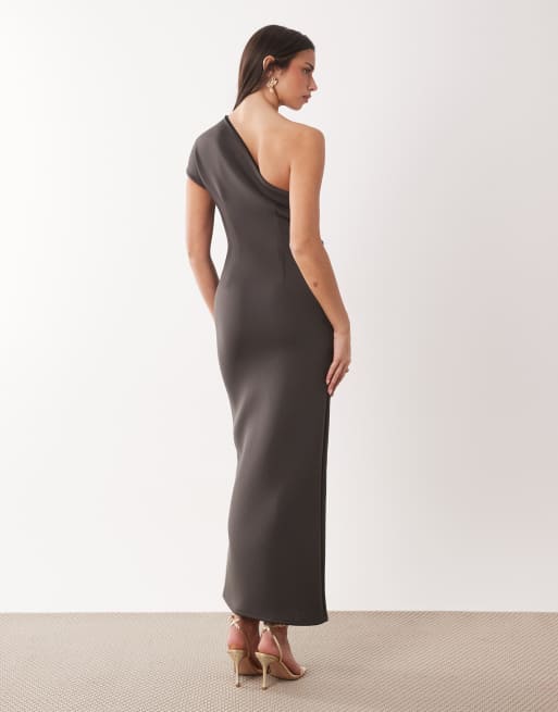 ASOS DESIGN – Brun, enaxlad, asymmetrisk midiklänning i scubaliknande tyg, 4 av 4