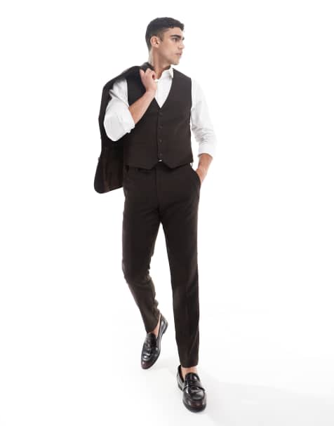 ASOS DESIGN – Brun, fiskbensmönstrad kostymväst i yllerikt tyg med smal passform - view 1