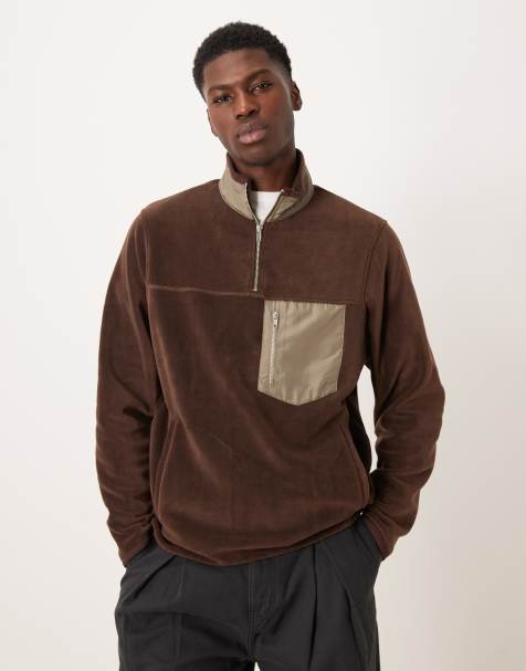 ASOS DESIGN - Brun fleece-trøje med kvart lynlås og lomme - view 1