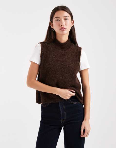 ASOS DESIGN – Brun, fluffigt stickad väst med hög krage - view 1