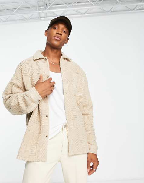 ASOS DESIGN – Brun, geometriskt mönstrad skjortjacka i oversize och strukturerad jacquard med knäppning - view 1