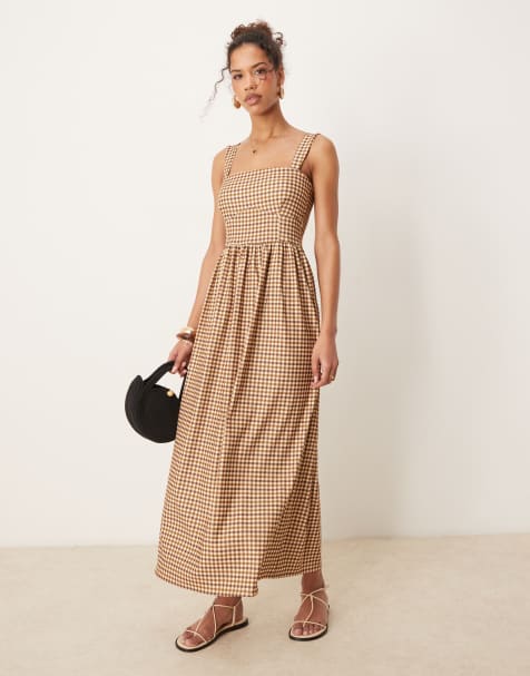 ASOS DESIGN – Brun, ginghamrutig midiklänning i bengalin - view 1