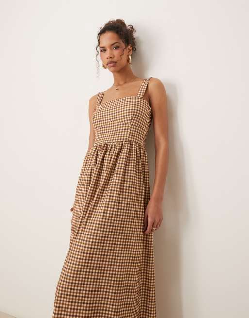 ASOS DESIGN – Brun, ginghamrutig midiklänning i bengalin, 3 av 4