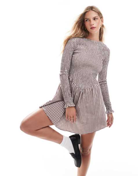 ASOS DESIGN – Brun, ginghamrutig och smockad miniklänning med långa ärmar - view 1