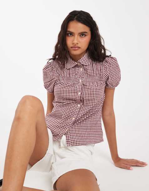 ASOS DESIGN – Brun, ginghamrutig skjorta med peter pan-krage och holkärmar - view 1