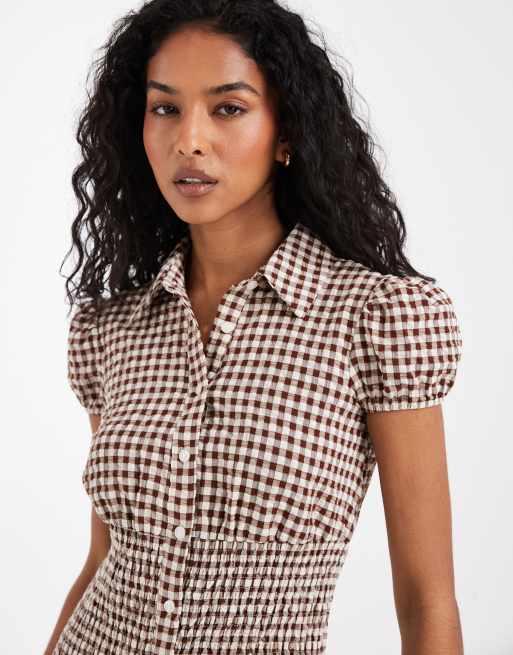 ASOS DESIGN – Brun, ginghamrutig skjortklänning i minilängd med puffärmar, 4 av 4