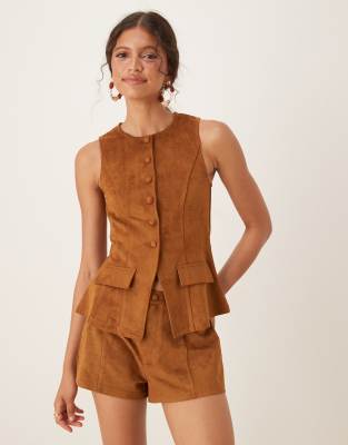 ASOS DESIGN - Brun habitvestetop i imiteret ruskind med tekstur - Del af sæt - view 1