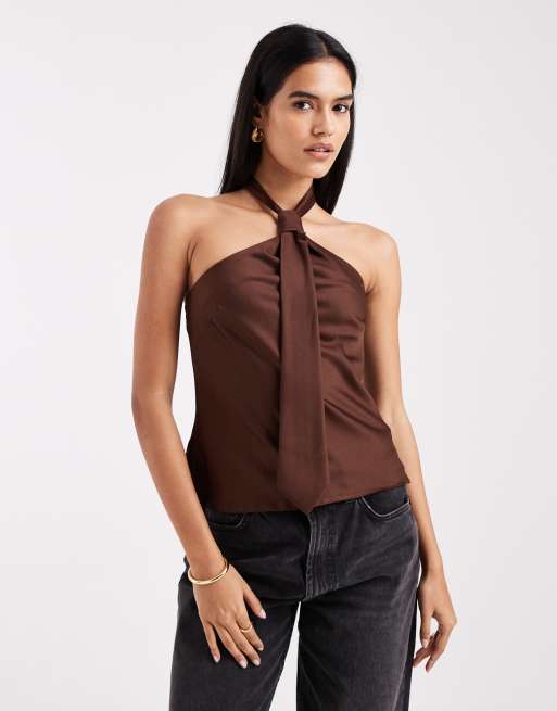 ASOS DESIGN – Brun halterneck-topp i satin med knytning, 3 av 4