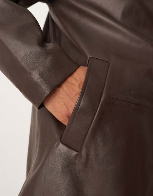 ASOS DESIGN – Brun, halvlång skjortjacka i läder, 5 av 5