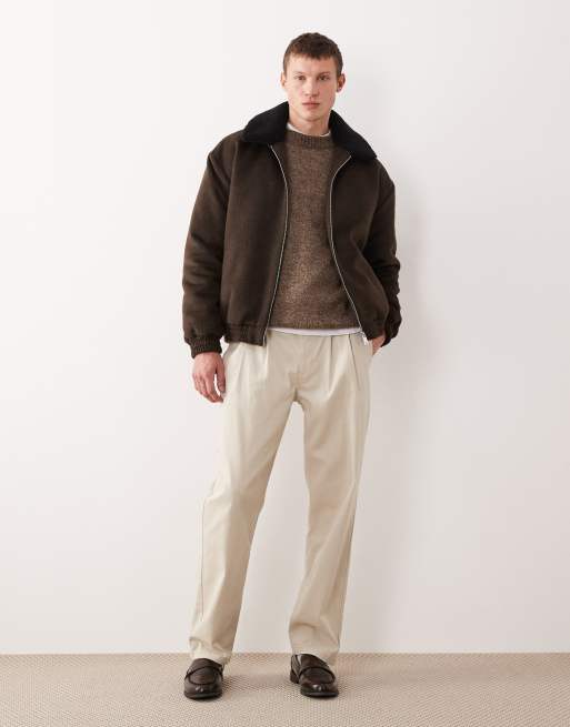 ASOS DESIGN - Brun Harrington-jakke i uldlook med krave i imiteret lammeskind, 2 af 5