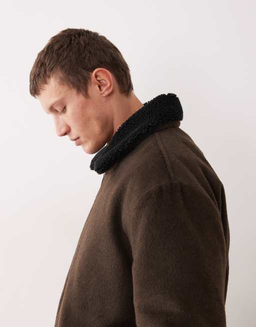 ASOS DESIGN - Brun Harrington-jakke i uldlook med krave i imiteret lammeskind, 4 af 5
