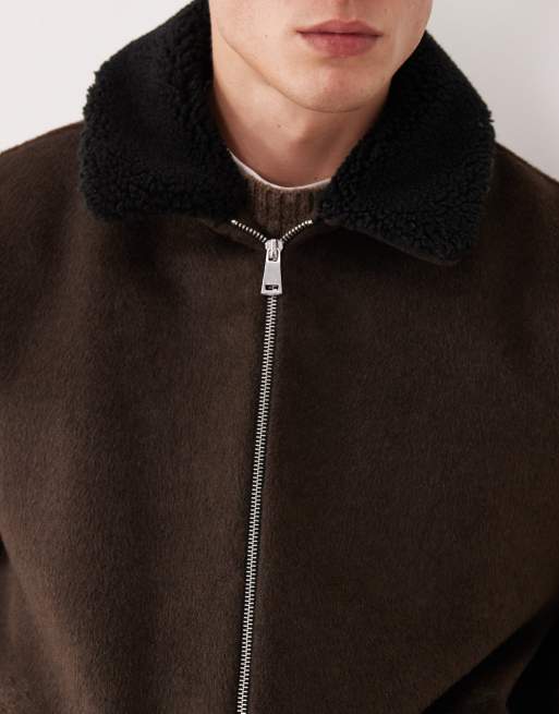 ASOS DESIGN - Brun Harrington-jakke i uldlook med krave i imiteret lammeskind, 5 af 5