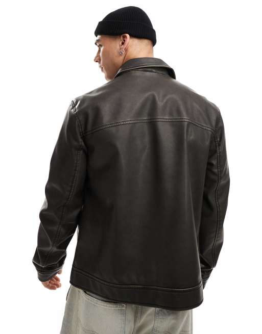 ASOS DESIGN - Brun Harrington-jakke med syningsdetaljer i imiteret læder, 4 af 4