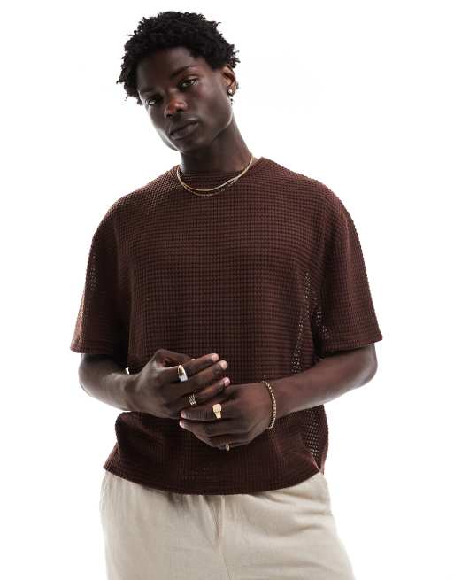 ASOS DESIGN - Brun-hæklet, firkantet og oversized T-shirt