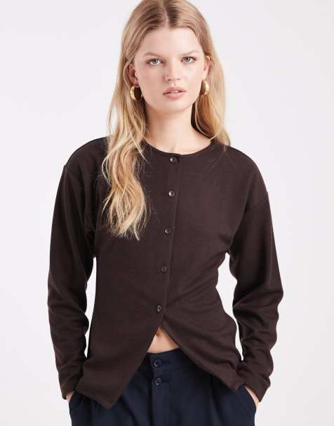 ASOS DESIGN – Brun kofta i dubbelstickad jersey med slits framtill och lång modell - view 1