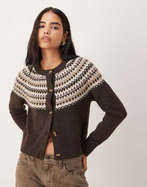 ASOS DESIGN – Brun kofta med rund halsringning och fairisle-mönster - view 1