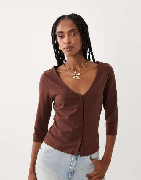 ASOS DESIGN – Brun kofta med trekvartslånga ärmar och knäppning, del av set - view 1