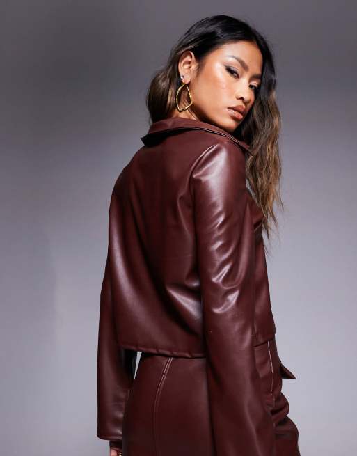 ASOS DESIGN – Brun, kort, långärmad skjorta i läderimitation med boxig passform, del av set, 3 av 4