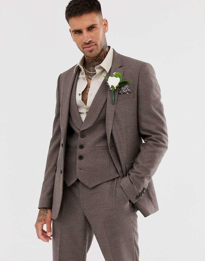ASOS DESIGN – Brun kostymjacka för bröllop i mjuk twill med extra smal passform