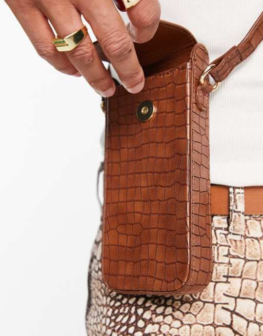 ASOS DESIGN – Brun krokodilskinnsmönstrad mobilväska med axelrem, 4 av 4
