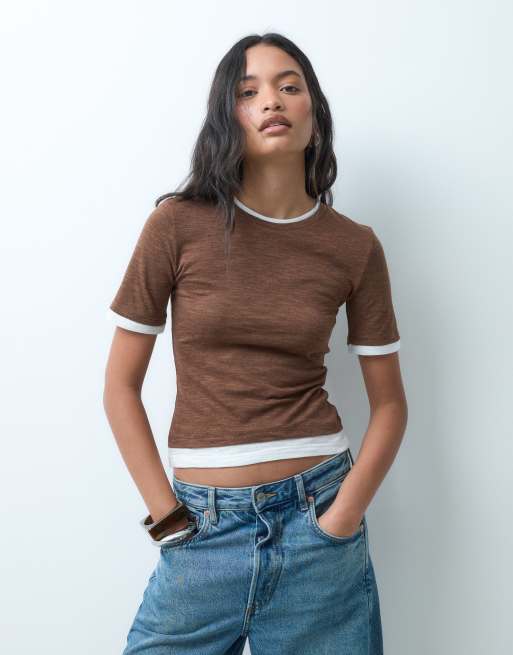 ASOS DESIGN – Brun, krympt t-shirt i slubbväv med två lager, 2 av 5