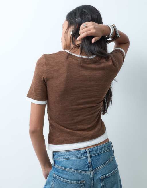 ASOS DESIGN – Brun, krympt t-shirt i slubbväv med två lager, 3 av 5