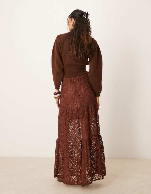 ASOS DESIGN - Brun lagdelt maxinederdel i blondestof, 2 af 5