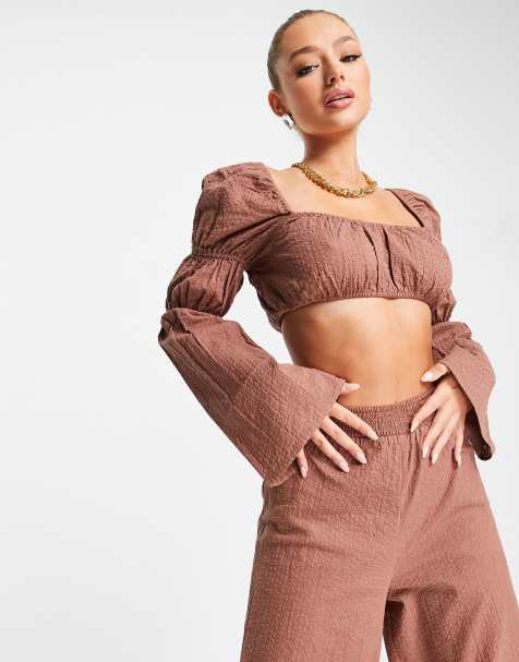 ASOS DESIGN – Brun långärmad crop top i bäckebölja för stranden, del av set - view 1
