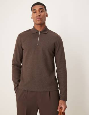 ASOS DESIGN – Brun, långärmad pikétröja med våfflad struktur - view 1