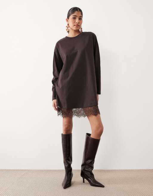 ASOS DESIGN - Brun langærmet T-shirt-kjole med blondekant, 2 af 4