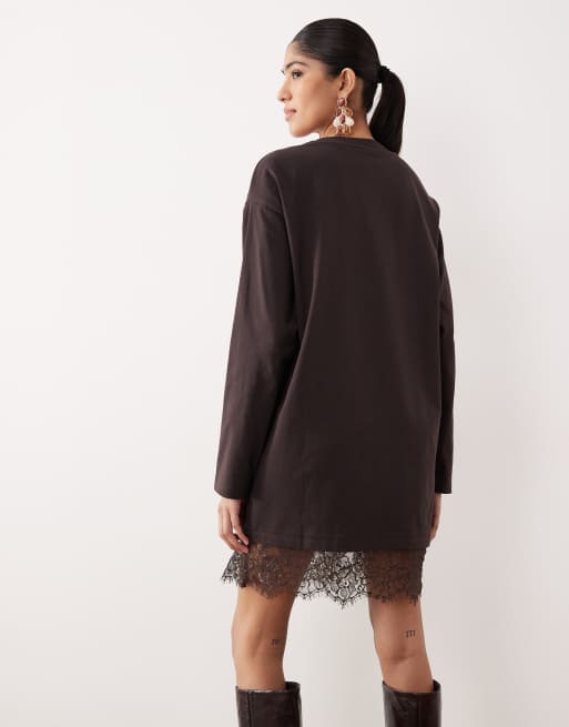 ASOS DESIGN - Brun langærmet T-shirt-kjole med blondekant, 3 af 4