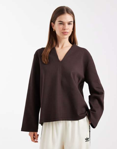 ASOS DESIGN - Brun langærmet top med dyb udskæring og knapper - view 1