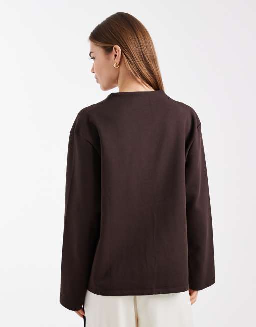 ASOS DESIGN - Brun langærmet top med dyb udskæring og knapper, 4 af 4
