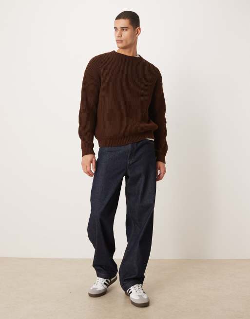 ASOS DESIGN - Brun langærmet trøje i ribstrik med afslappet pasform og rund hals, 2 af 5