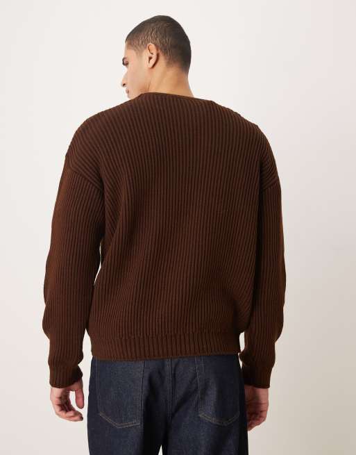 ASOS DESIGN - Brun langærmet trøje i ribstrik med afslappet pasform og rund hals, 3 af 5