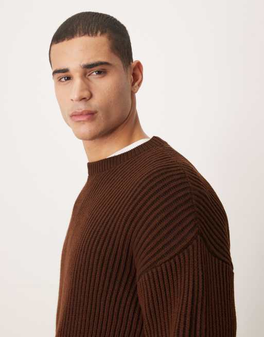 ASOS DESIGN - Brun langærmet trøje i ribstrik med afslappet pasform og rund hals, 4 af 5