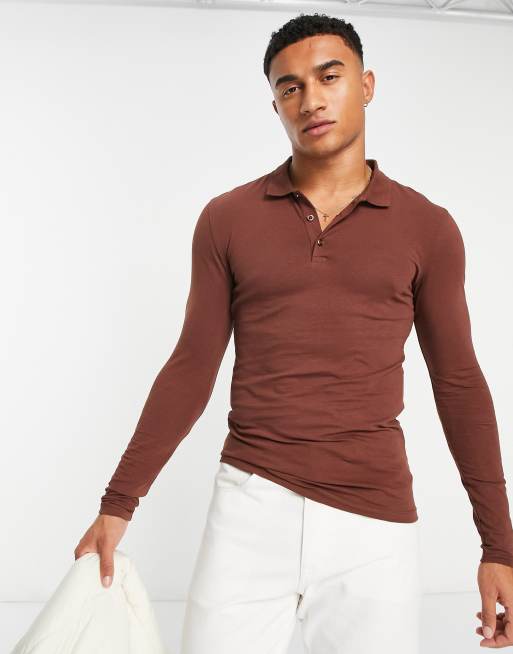 ASOS Design - Brun langærmet, tætsiddende polotrøje 