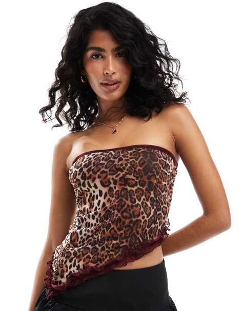 ASOS DESIGN – Brun, leopardmönstrad bandeau-topp i meshlager - view 1