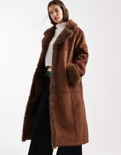 ASOS DESIGN - Brun longline-jakke i bonded shearling og imiteret pels, 3 af 4