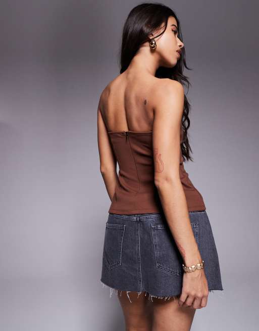 ASOS DESIGN - Brun longline-top med bandeau- og korsetsnit og V-formet bøjle i ponte , 3 af 4
