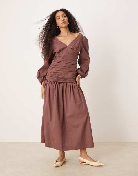 ASOS DESIGN – Brun maxiklänning i poplin med rynkad midja - view 1
