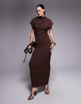 ASOS DESIGN satin angel sleeve low back maxi dress in chocolate
