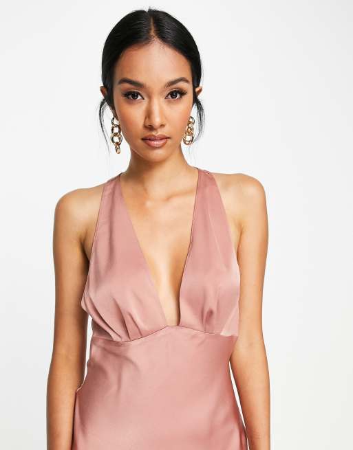 ASOS DESIGN - Brun midikjole i satin med racerryg og dyb udskæring samt skråt snit, 3 af 4
