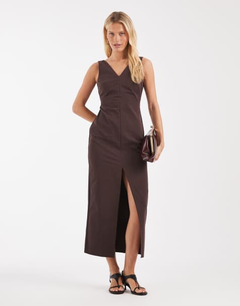 ASOS DESIGN - Brun midikjole med V-hals, dobbelt slids og søjlsnit - view 1