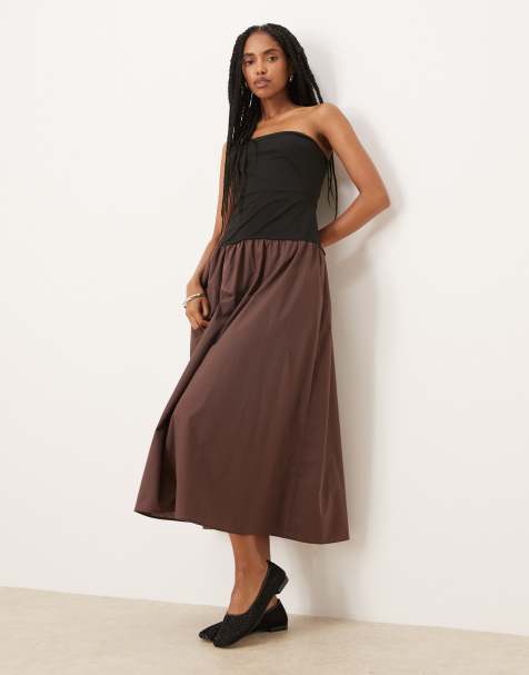 ASOS DESIGN – Brun midiklänning i hybriddesign med bandeau-ringning - view 1