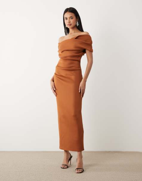 ASOS DESIGN – Brun midiklänning i scubaliknande tyg med bardotringning och slits - view 1