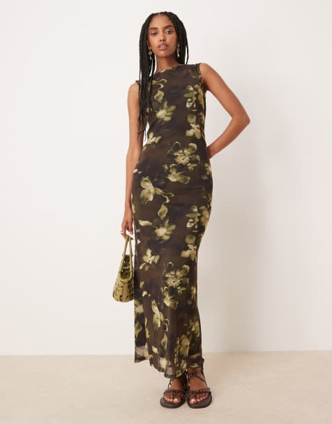 ASOS DESIGN – Brun, mönstrad, ärmlös midiklänning i rak modell - view 1